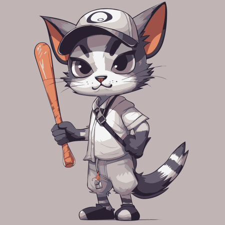 Cute cartoon cat with baseball bat. Vector illustration isolated on gray background.のイラスト素材