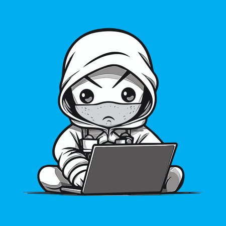 Illustration of a white ninja using a laptopのイラスト素材