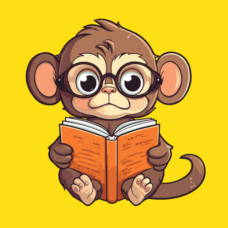 Cute cartoon monkey in glasses reading a book. Vector illustration.のイラスト素材