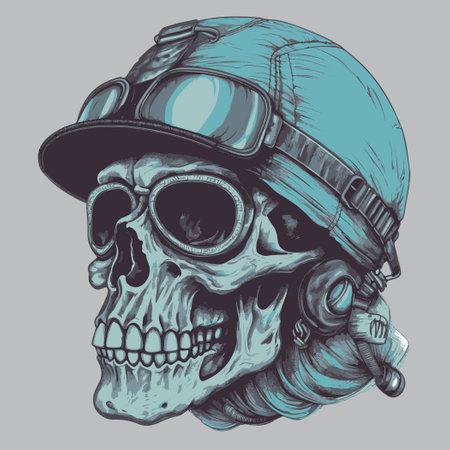Skull in a military helmet. Hand drawn illustration on a gray background.のイラスト素材