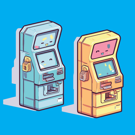 Kawaii vector illustration of an old-fashioned ATM machine on a blue background.のイラスト素材