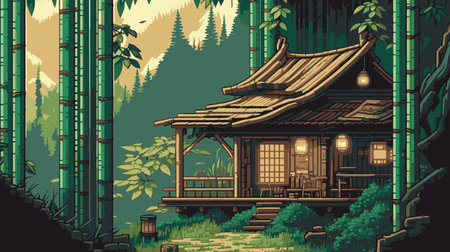 Wooden house in the jungle. Vector illustration in cartoon style pixelart.のイラスト素材