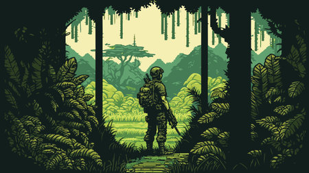 Silhouette of the soldier in the jungle. Vector illustration pixelart.のイラスト素材