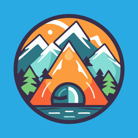Camping tent in the mountains. Vector illustration in flat style.のイラスト素材