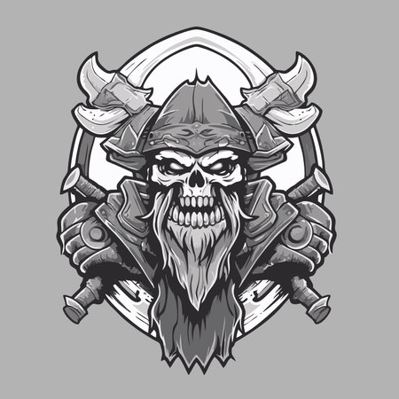 Skull of a viking warrior with axes and shield. Vector illustrationのイラスト素材