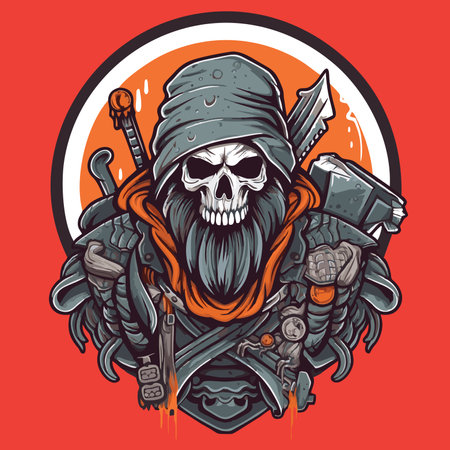 Grim reaper with axes and skull in the helmet. Vector illustration.のイラスト素材