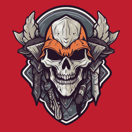 Vector illustration of a viking skull with wings and helmet on red background.のイラスト素材