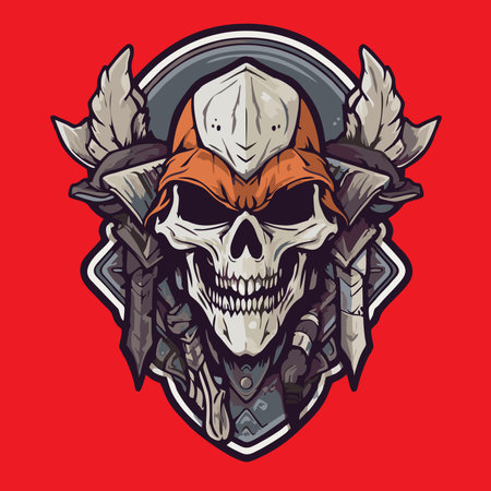 Vector illustration of a viking skull in helmet and armor on red background.のイラスト素材