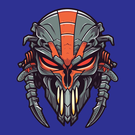 Predator warrior head isolated on blue background. Vector illustration.のイラスト素材