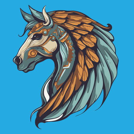 Horse head with winged mane. Vector illustration isolated on blue background.のイラスト素材