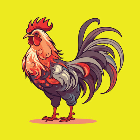 Rooster on a yellow background. Vector illustration in cartoon style.のイラスト素材