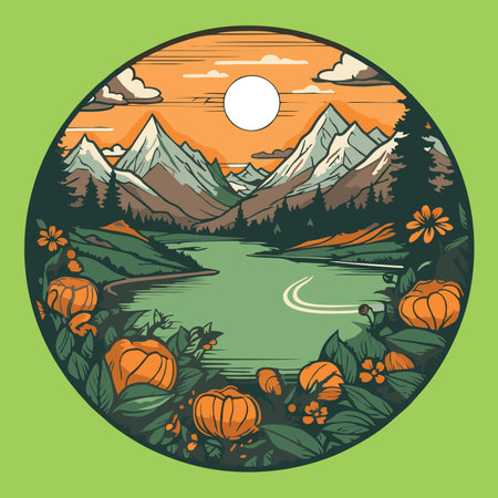 Round icon with mountain landscape, lake and forest. Vector illustration.のイラスト素材