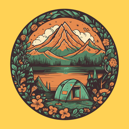 Camping in the mountains. Vector illustration in a circle with a tent and flowers.のイラスト素材