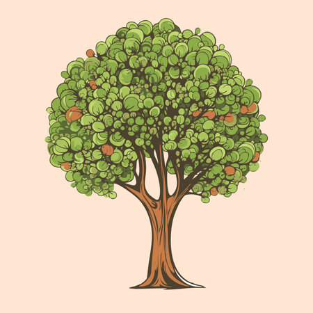 Hand drawn green apple tree isolated on beige background. Vector illustration.のイラスト素材