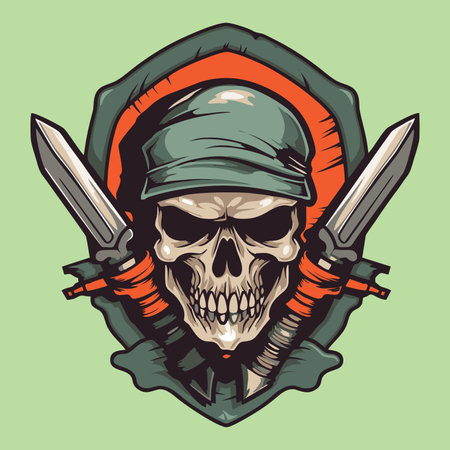 Skull in a military with two swords. Vector illustration.のイラスト素材