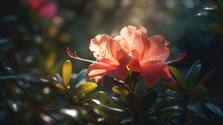 Rhododendron flowers blooming in the garden with sunlight.の素材