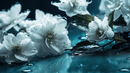 White jasmine flowers with water drops on a blue background.の素材