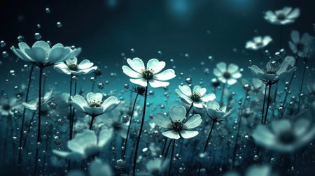 Beautiful spring meadow with white flowers and water drops. Soft focusの素材