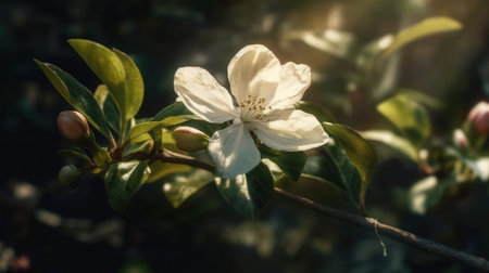 Blossoming branch of an apple tree with white flowers in springの素材