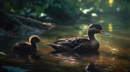 Mallard duck and ducklings swimming in the lake. Shallow depth of field.の素材