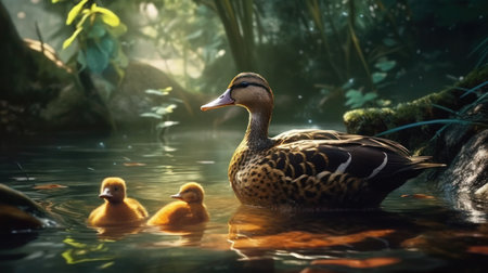 Duck and ducklings swimming in the pond. Duckling with ducklings.の素材