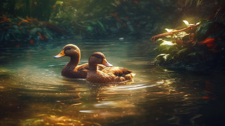 Two ducks swimming in a pond in a park. Beautiful nature backgroundの素材