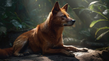 Red dog lying on the ground in the jungle. Selective focus.の素材