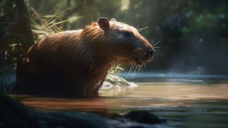 Capybara (Hydrochoerus hydrochaeris) in waterの素材