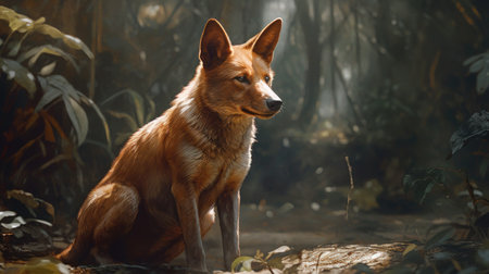 Portrait of a red dog sitting on a rock in the forestの素材