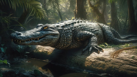 Crocodile in the rainforest. 3d render.の素材