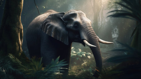 Elephant in the jungle. 3D render. Vintage style.の素材