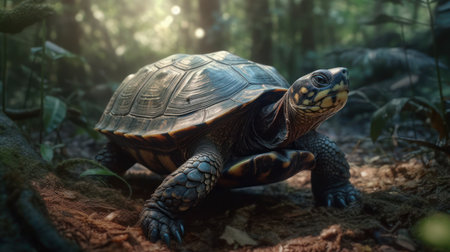 Turtle in the forest. Animal in the nature. Wildlife scene.の素材