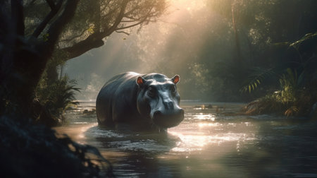 Hippo in the water at sunset in the tropics.の素材