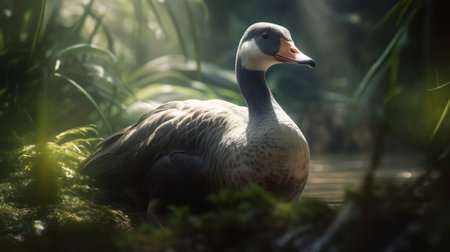 Close up of a goose in a pond in the rainforest.の素材