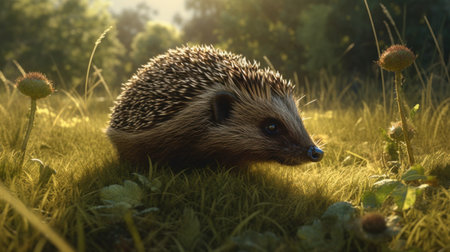 hedgehog in the meadow in the rays of the setting sunの素材
