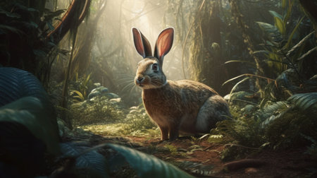 3d rendering of a hare in the jungle with green backgroundの素材