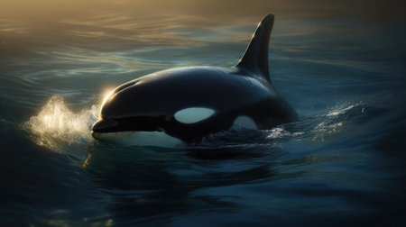 Orcinus orca in the ocean at sunset, killer whaleの素材
