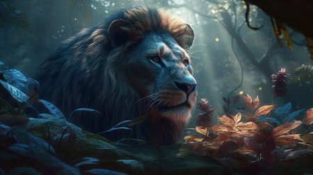 Lion in the forest. 3D render. Fantasy illustration.の素材
