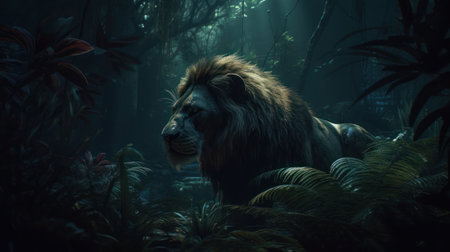 Lion in the dark forest, dark background, 3d renderの素材