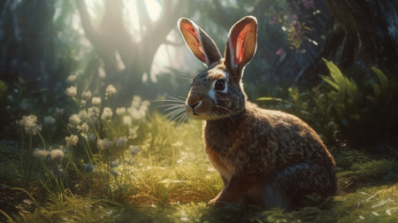 Rabbit sitting on grass in forest. Wild hare in nature.の素材