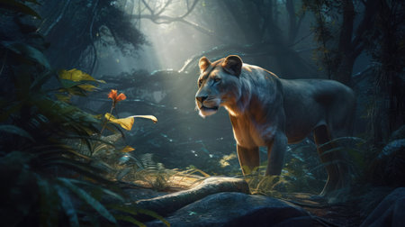 Lioness in the rainforest. 3D render illustration.の素材