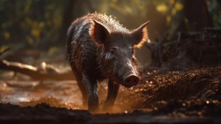 Wild boar (Sus scrofa) running in the mudの素材