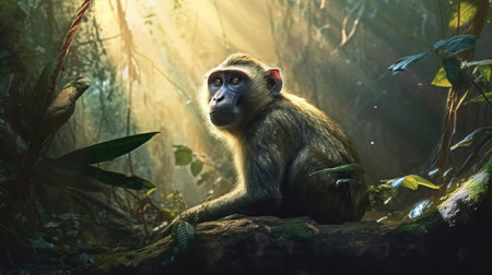 Monkey sitting on a log in the jungle at sunset time.の素材