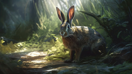 Rabbit in the forest. Wildlife scene from nature. Animal in the forest.の素材