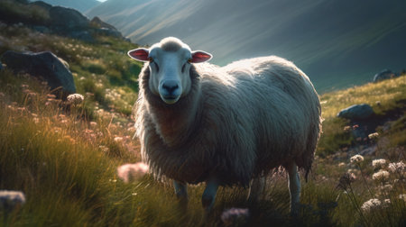 Sheep in the mountains at sunset. Sheep in the mountains.の素材