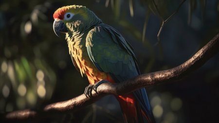 Parrot on a branch of a tree in the evening sun.の素材