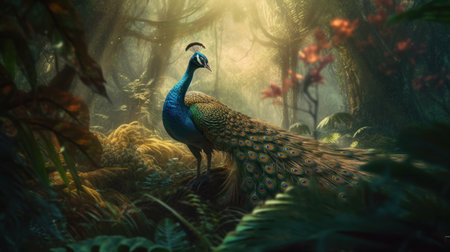 Peacock in the jungle. The Indian peafowl (Pavo cristatus)の素材
