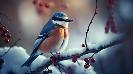 The bird sits on a branch with red berries in the winter forestの素材
