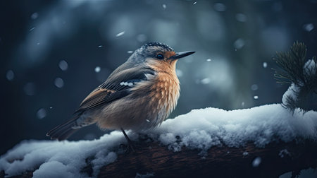 A bird sitting on a branch of a tree in a snowy forestの素材