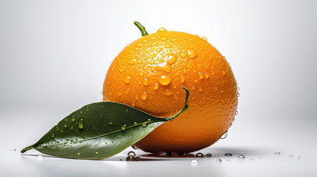Ripe orange with drops of water on a white background, close-upの素材